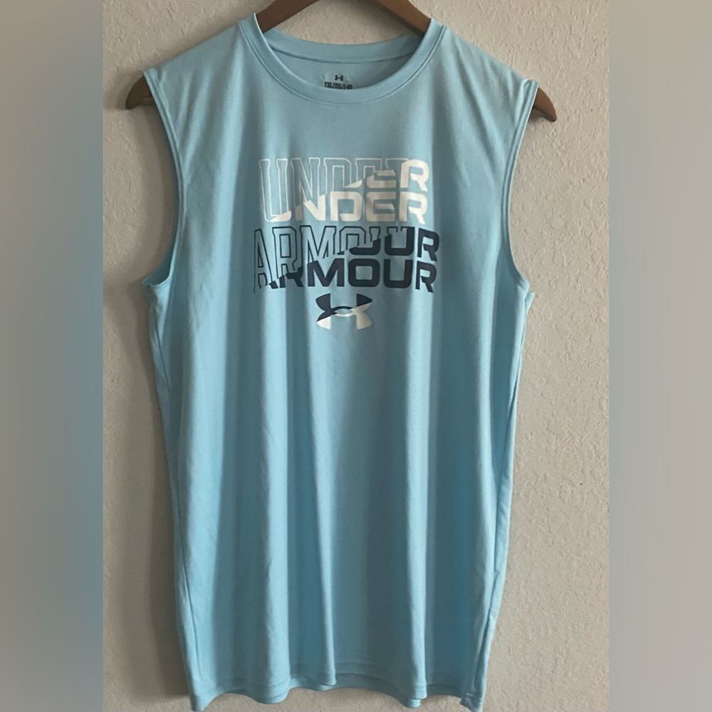 UA Under Armour Boy Light Blue Tank Top Sleeveless Shirt logo Loose Fit YXL XL